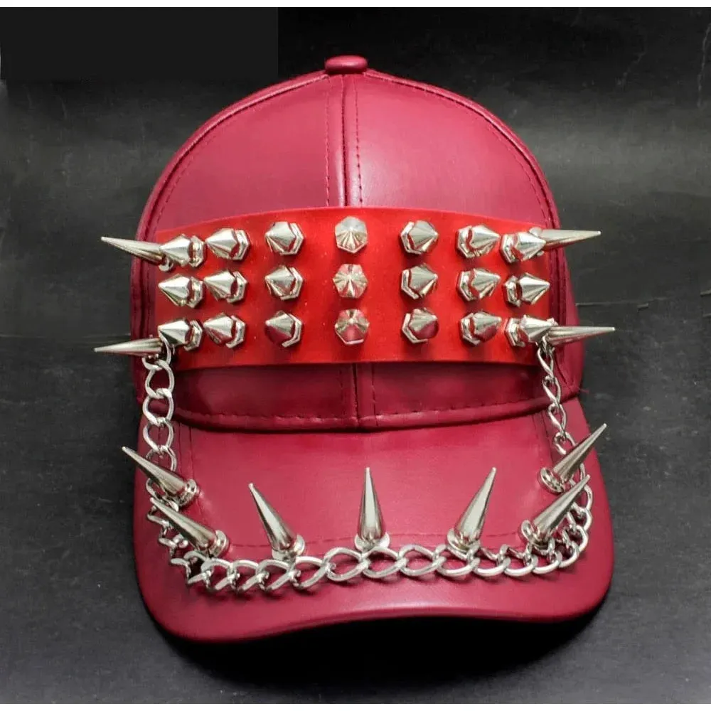 Unisex Hip Hop Synthetic Leather Studded Rivet Spike Chain Baseball Cap