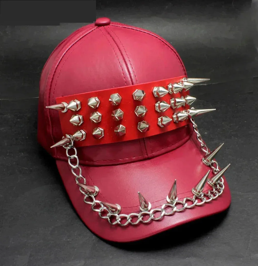 Unisex Hip Hop Synthetic Leather Studded Rivet Spike Chain Baseball Cap