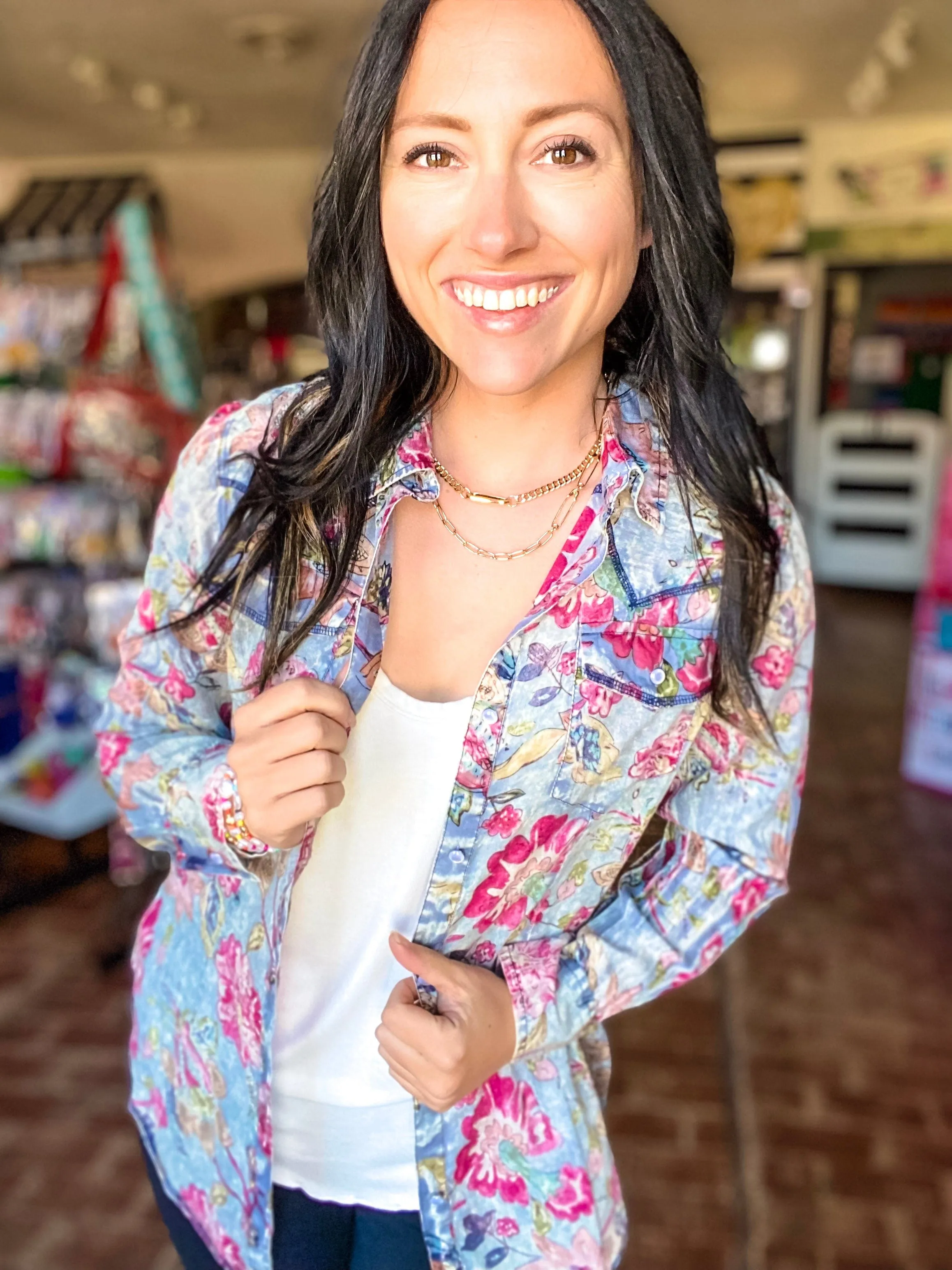 Vintage Button Down Top Blue Floral