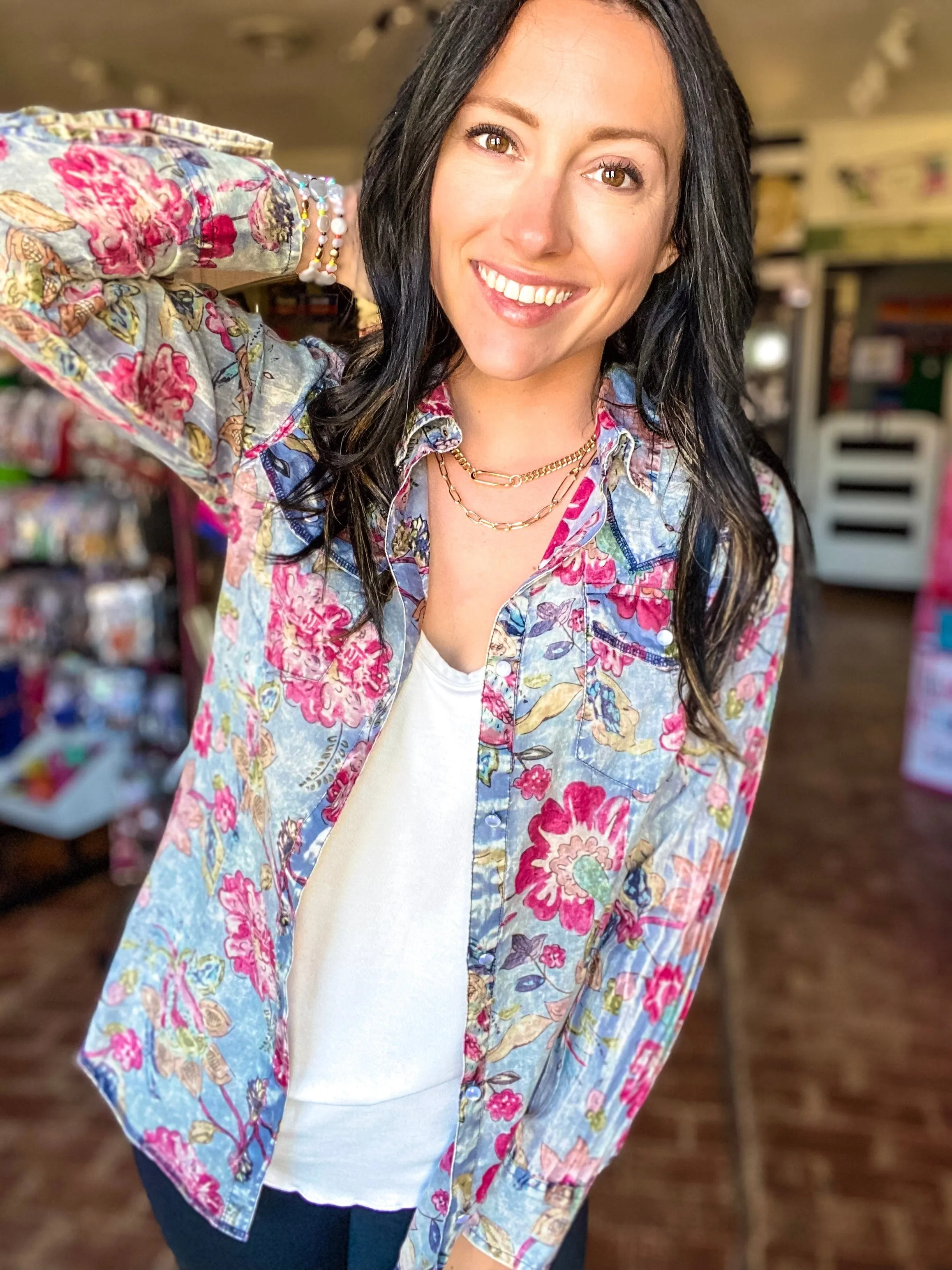 Vintage Button Down Top Blue Floral