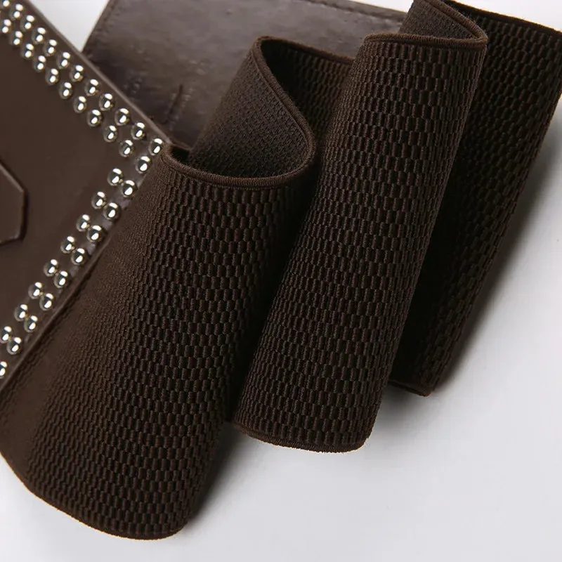 Vintage Style Brown Synthetic Leather Rhinestone Studded Buckle Belt for Women