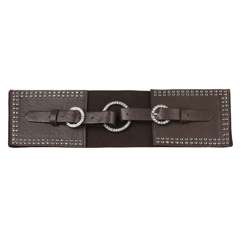 Vintage Style Brown Synthetic Leather Rhinestone Studded Buckle Belt for Women