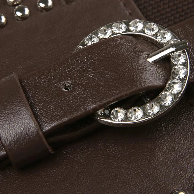 Vintage Style Brown Synthetic Leather Rhinestone Studded Buckle Belt for Women