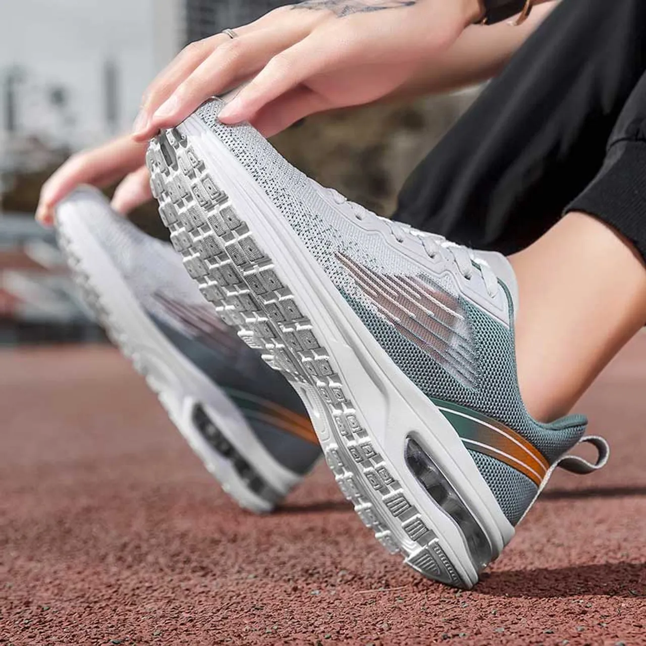 White blue flyknit stripe accents sport shoe sneaker