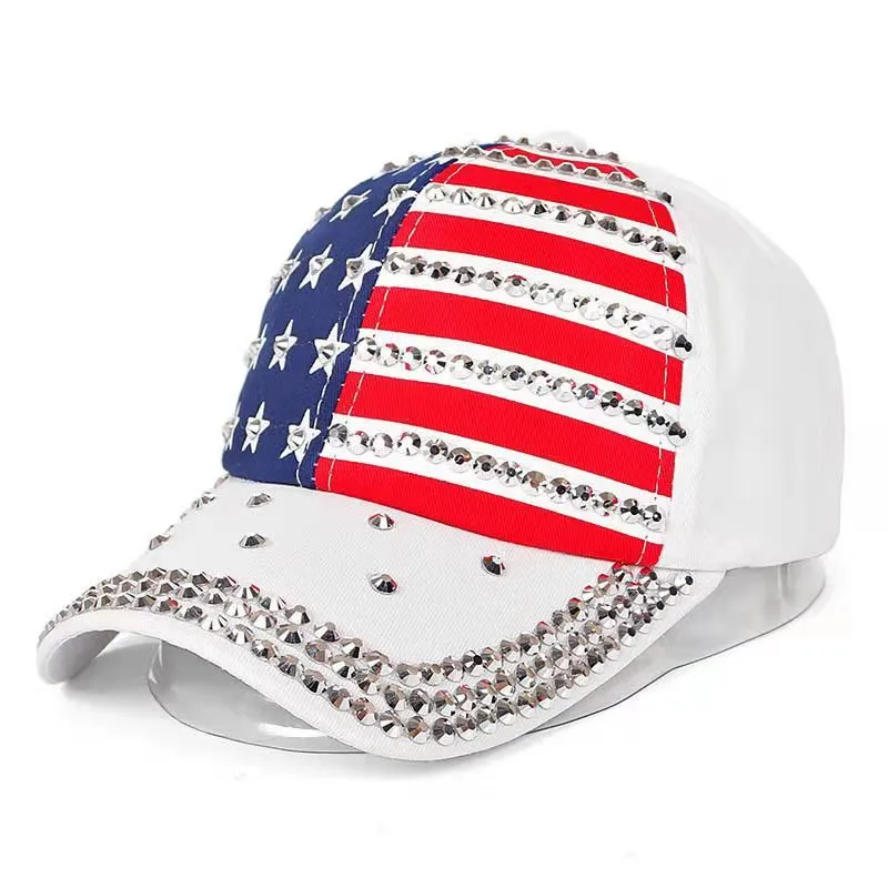 White Hat with Large Rhinestone American Flag