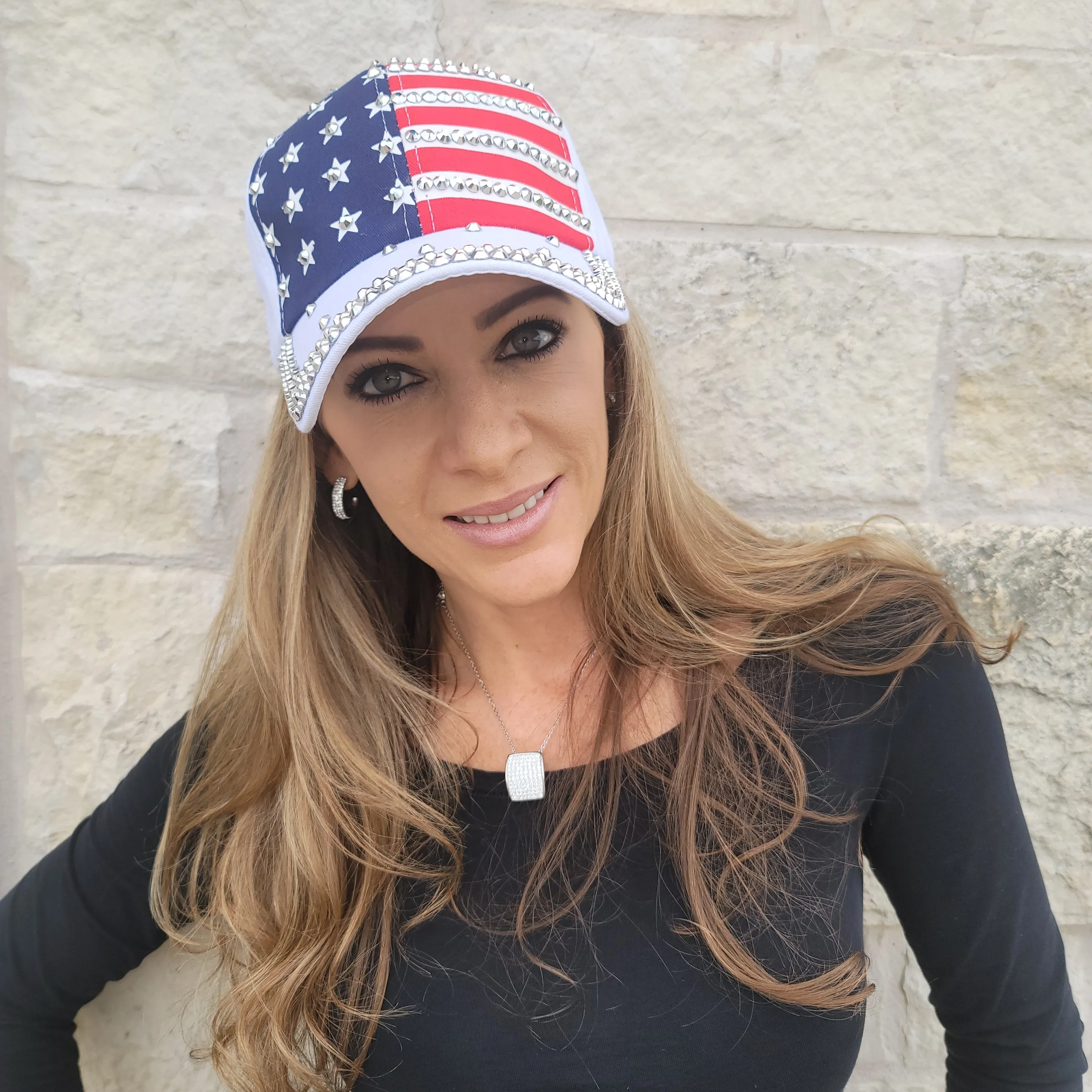 White Hat with Large Rhinestone American Flag