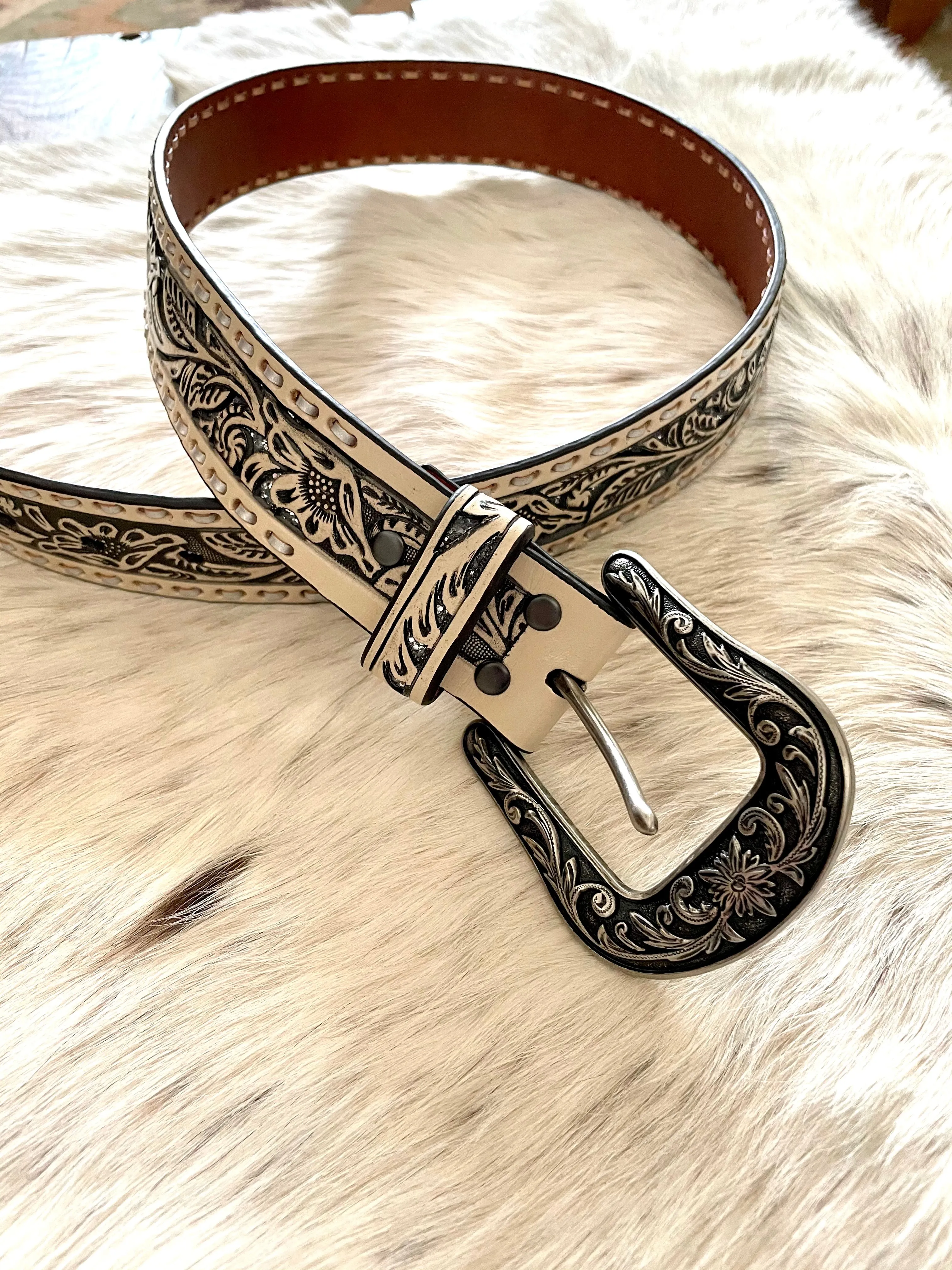 White Tooled Belt