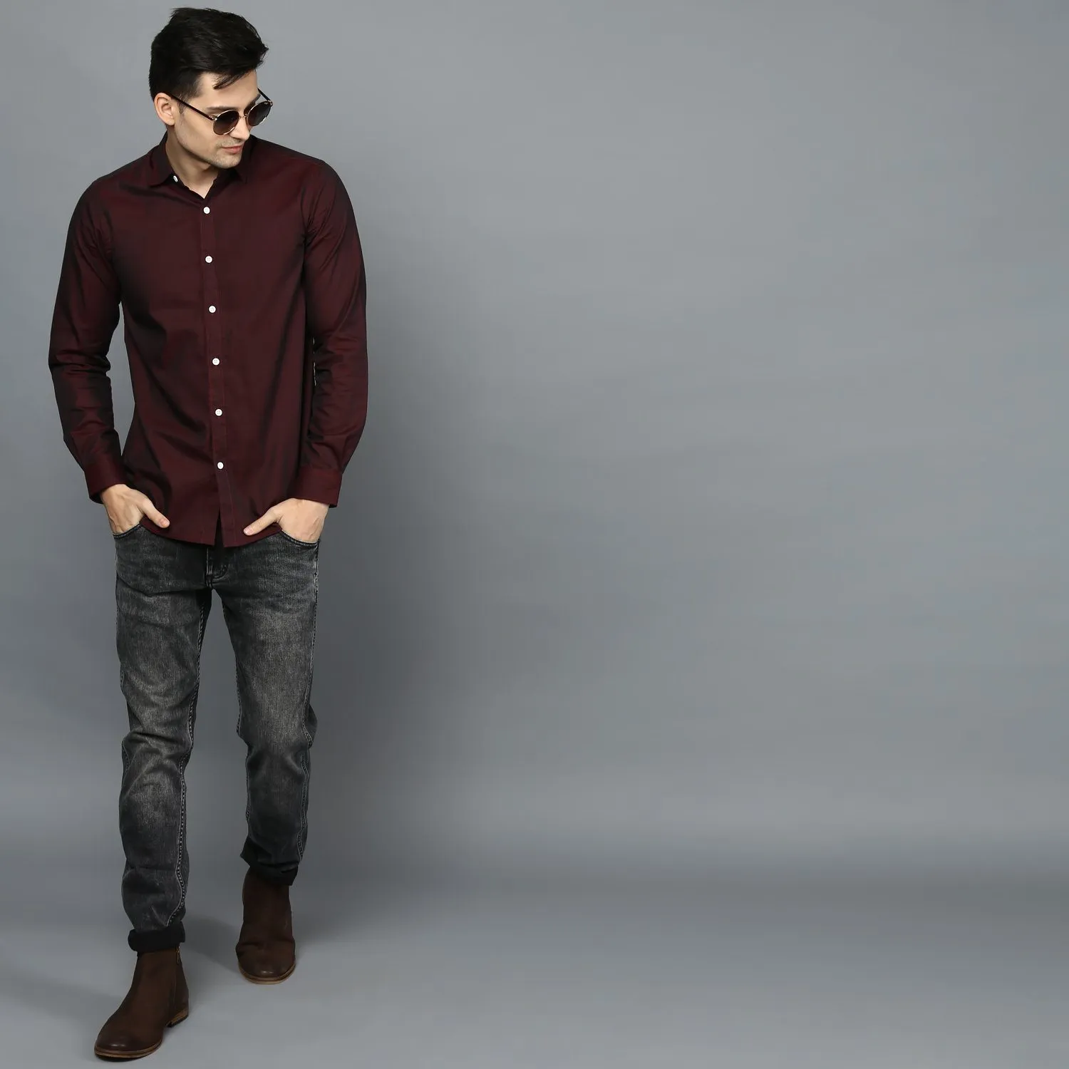 Wine Button Down Slim Fit Shirt