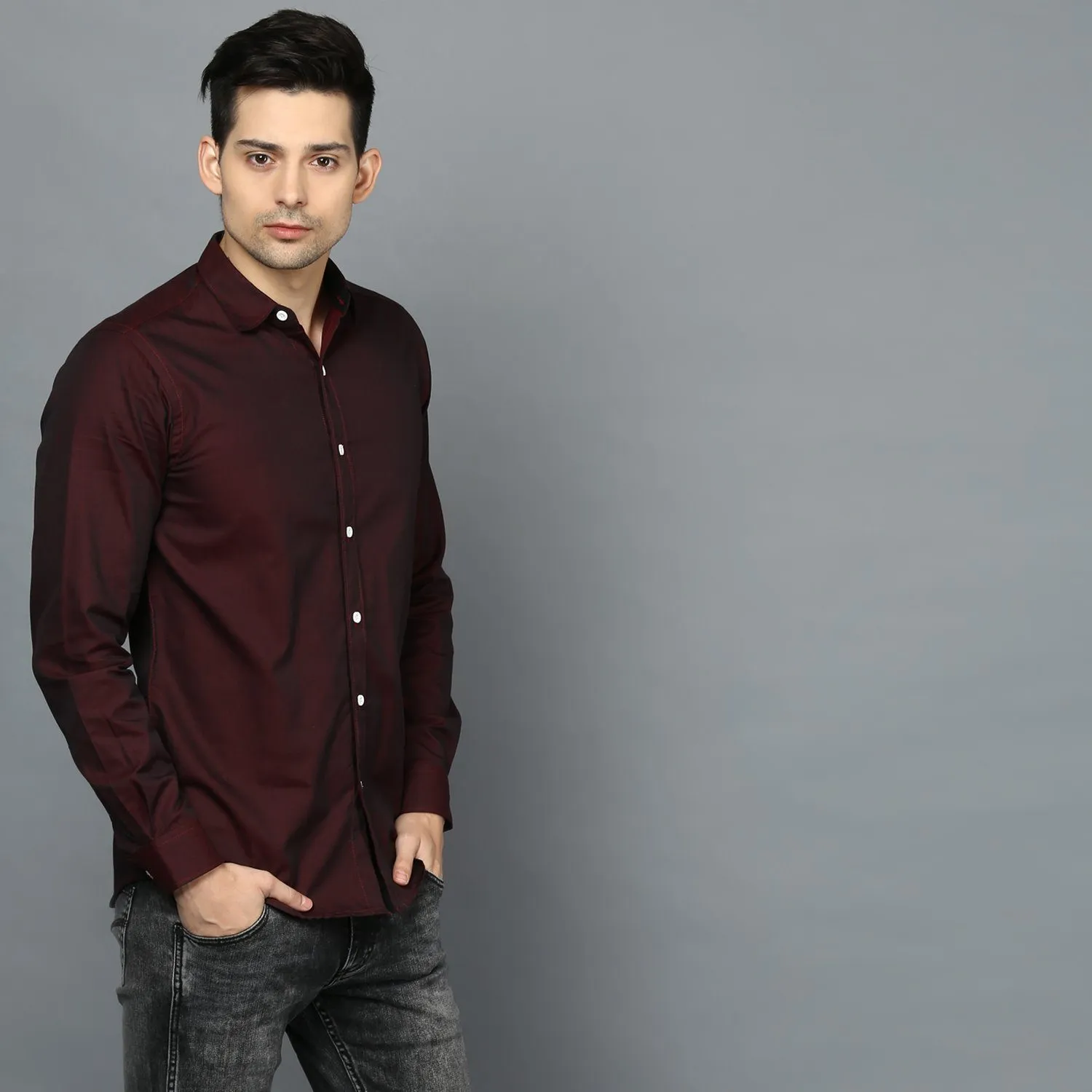 Wine Button Down Slim Fit Shirt